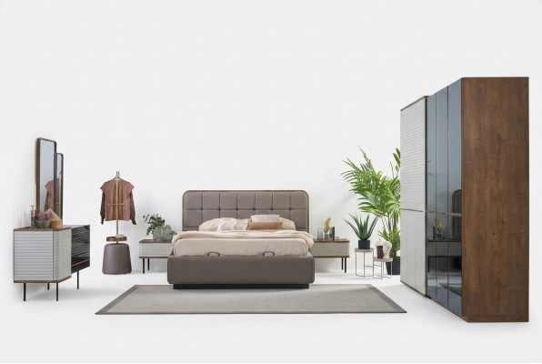 Bedroom set bed 5-piece double bed brown wood bed frame