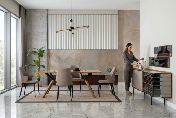 Dining room furniture, dining nook, dining room, dining set, 9-piece wood, beige suite.