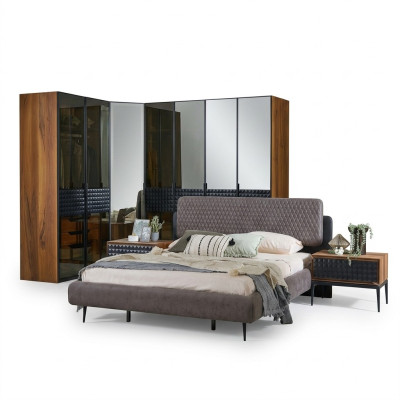 Luxury Bedroom Double Bed Brown Wood Bed Frame Set 4pc Design