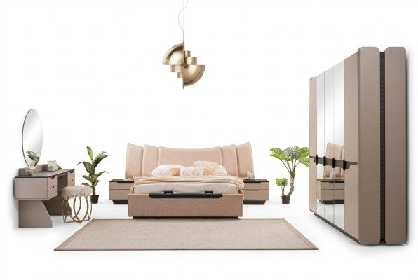 Double bed complete bed bedroom modern beige set 6-piece wardrobe