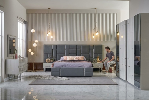 Bed frame bedroom double bed gray wood set 6-piece wardrobe