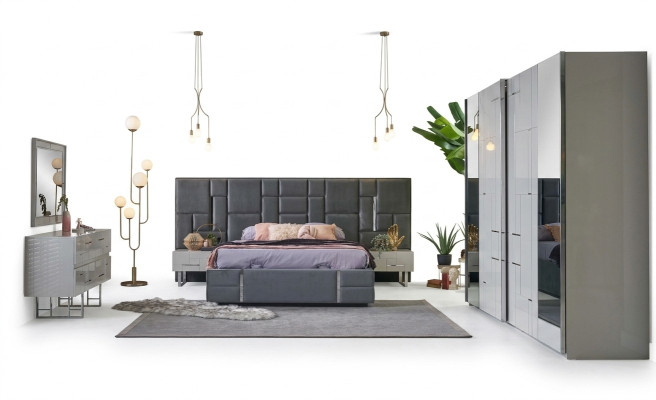 Bed frame bedroom double bed gray wood set 6-piece wardrobe