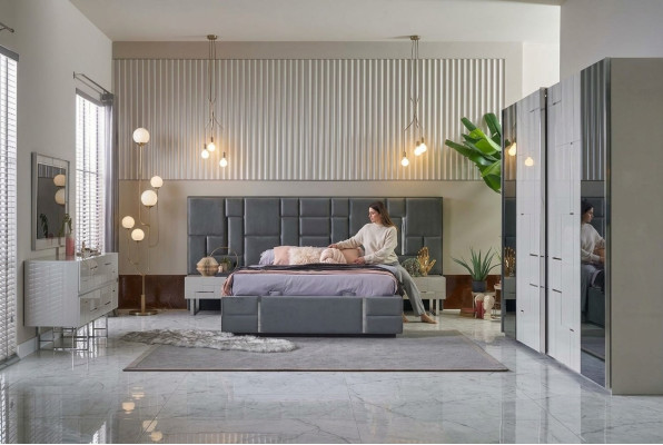 Double bed bed frame bedroom gray wood set 6-piece wardrobe