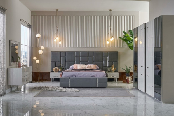 Double bed bed frame bedroom gray wood set 6-piece wardrobe
