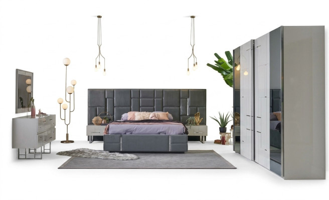 Double bed bed frame bedroom gray wood set 6-piece wardrobe
