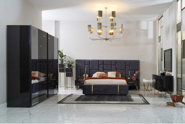 Design double bed frame luxury bedroom wood set 6-piece black