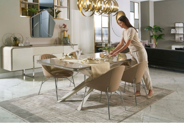 Modern dining set, wooden dining table, dining nook, beige dining room, 7-piece chairs