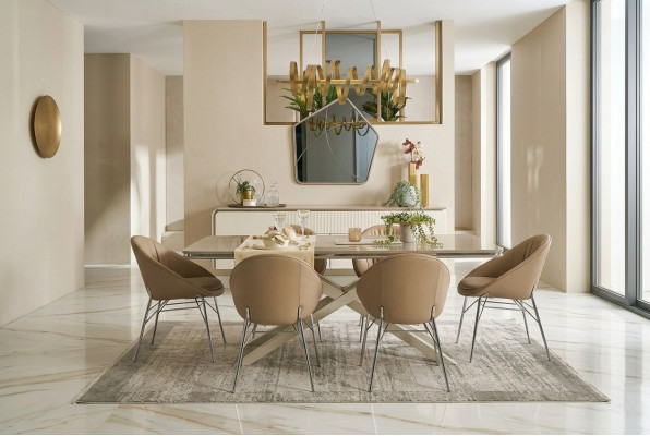 Modern dining set, wooden dining table, dining nook, beige dining room, 7-piece chairs