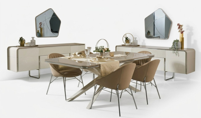 Modern dining set, wooden dining table, dining nook, beige dining room, 7-piece chairs