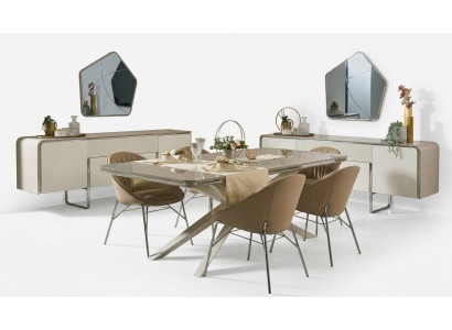 Modern dining set, wooden dining table, dining nook, beige dining room, 7-piece chairs