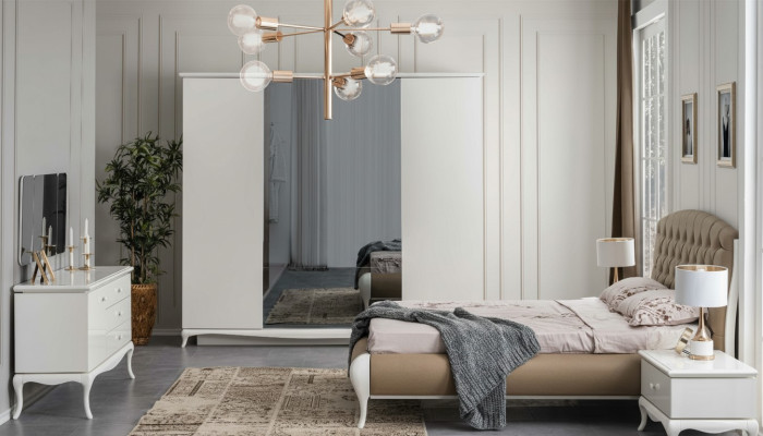 Double Bed Set Frame Complete Bedroom Bed 6 Pieces White
