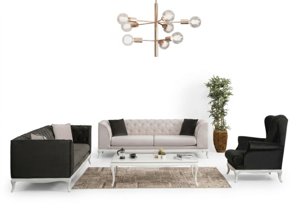 Complete Chesterfield Couch Upholstered Sofa Set 3-piece Fabric Sofa Black