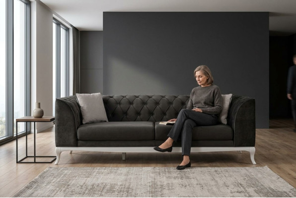 Living room three-seater Chesterfield couch sofa 3-seater black fabric fabric sofa