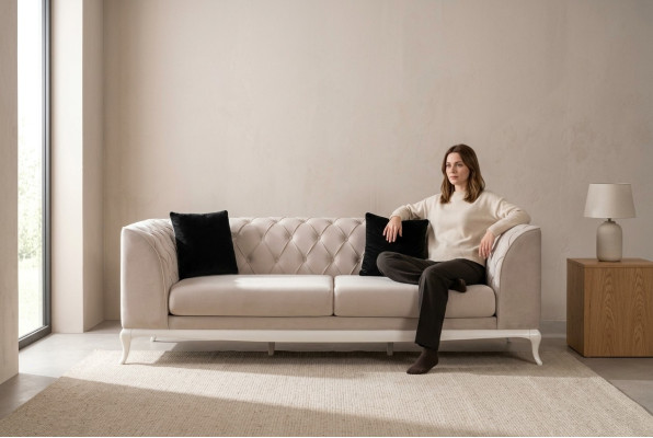 Living room fabric sofa three-seater Chesterfield couch sofa 3-seater beige fabric