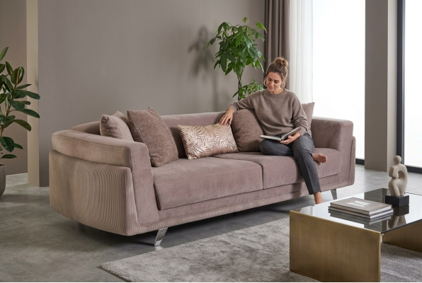 Three-seater couch with bed function sofa 3-seater beige fabric fabric sofa