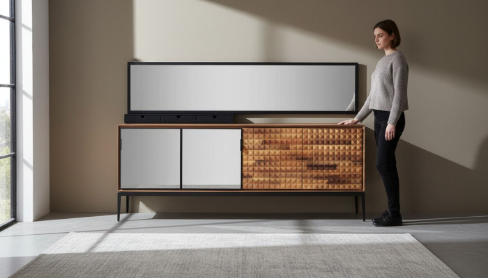 Sideboard with mirror, wooden brown side cabinet for dining room.