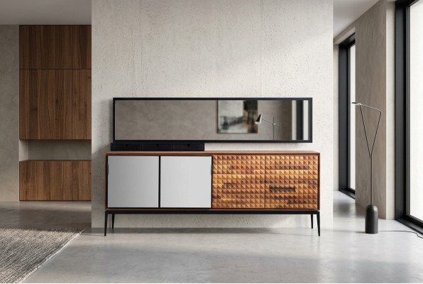 Sideboard with mirror, wooden brown side cabinet for dining room.