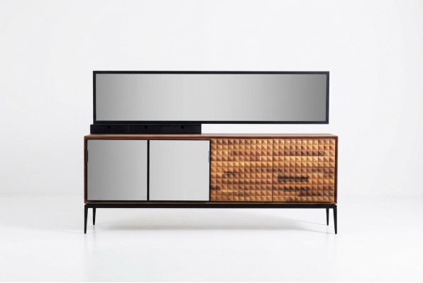 Sideboard with mirror, wooden brown side cabinet for dining room.