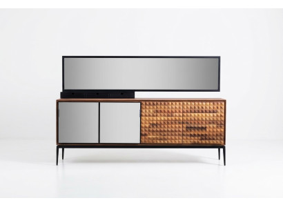 Sideboard with mirror, wooden brown side cabinet for dining room.