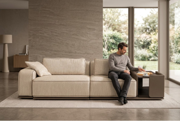 Three-seater couch sofa, 3-seater beige fabric, fabric sofa, upholstered sofa, table
