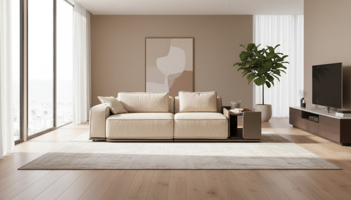 Three-seater couch sofa, 3-seater beige fabric, fabric sofa, upholstered sofa, table