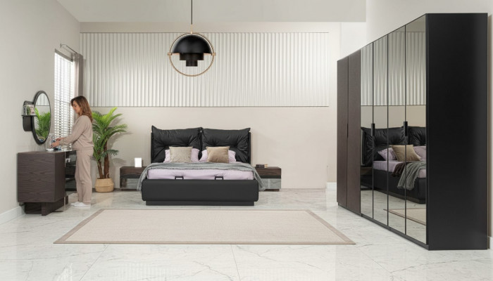 Bedroom set double bed nightstands 6-piece set black