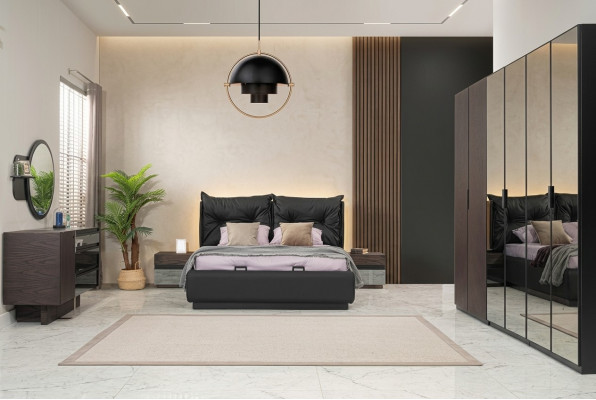 Bedroom set double bed nightstands 6-piece set black