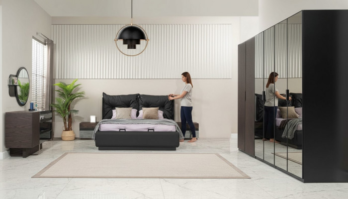 Double bed set bedroom bed nightstands black 6-piece set