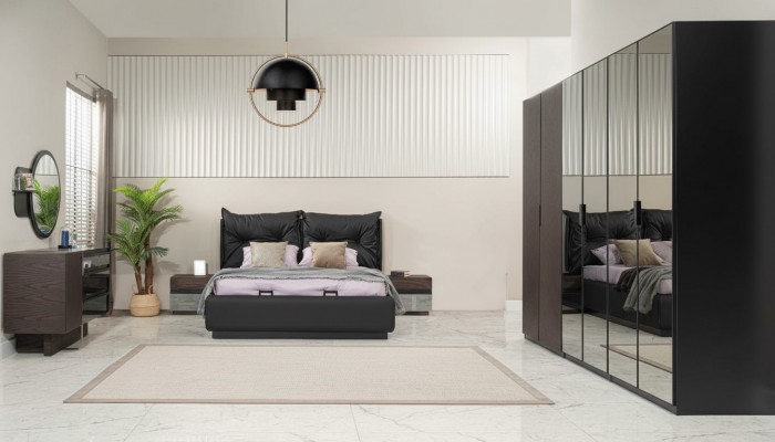 Double bed set bedroom bed nightstands black 6-piece set