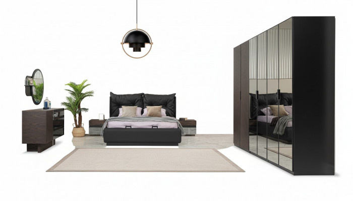 Double bed set bedroom bed nightstands black 6-piece set