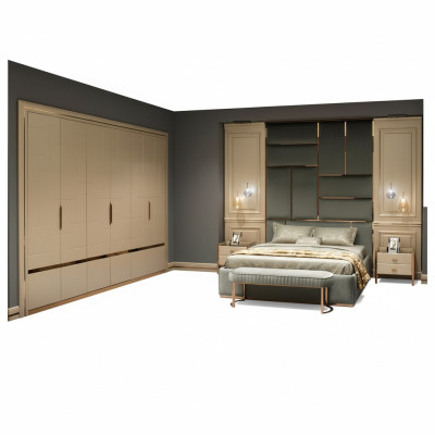 Design Group Bedroom Set Double Bed Bedside Tables Set 6-Piece Beige