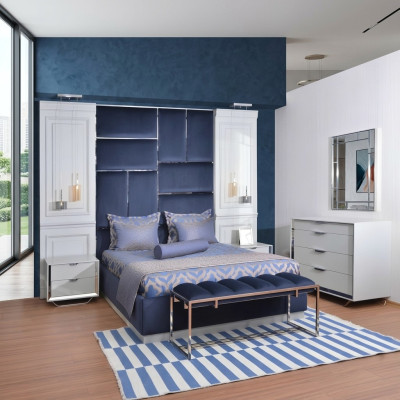 Design group bedroom double bed bed nightstands set 7-piece blue