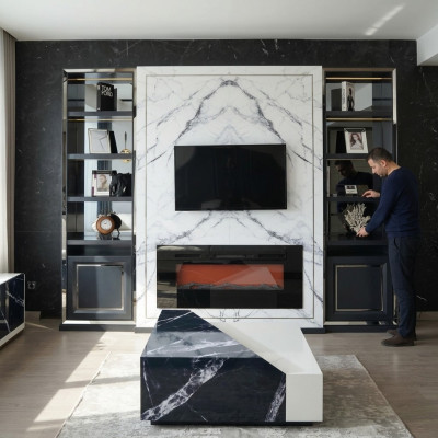 Luxury Wall Unit RTV Lowboard TV Stand Gray Silver Vittine Wood Modern