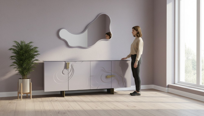 Sideboard set with mirror cabinet wood pink dining room