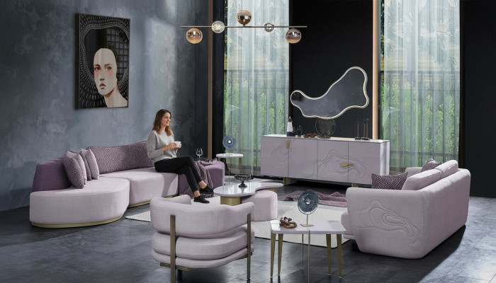Living area sofa set large pink fabric sofas modern set 5-piece sofa