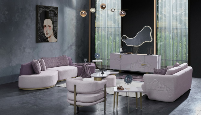 Living area sofa set large pink fabric sofas modern set 5-piece sofa