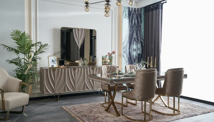 Dining group dining nook dining room dining table wood brown set 9-piece sideboard