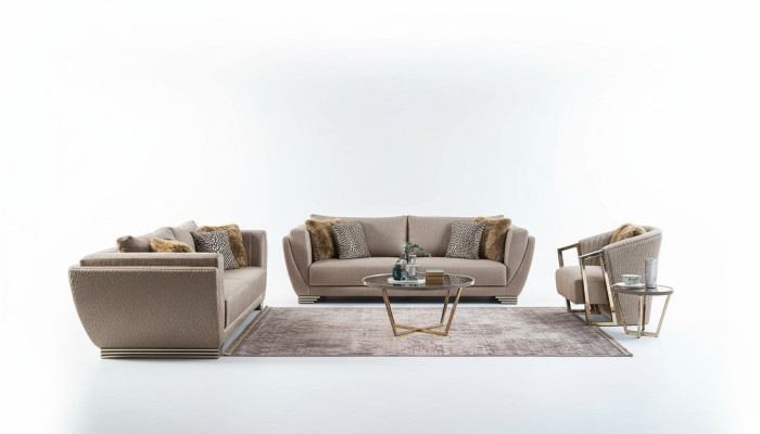 Fabric sofas, sofa set, three-seater upholstered sofa, brown, 3-piece set, modern