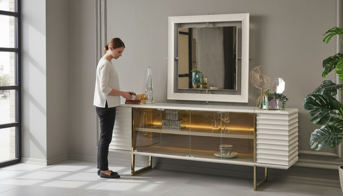 Sideboard set sideboard with mirror dining room wood beige dresser