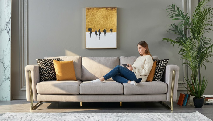 Three-seater Couch Sofa 3 Seater Gray Fabric Fabric Sofa Upholstered Sofa Modern