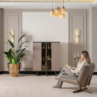 Bar cabinet group, display cabinet, armchair, wood, beige cabinet, living room, 2-piece set