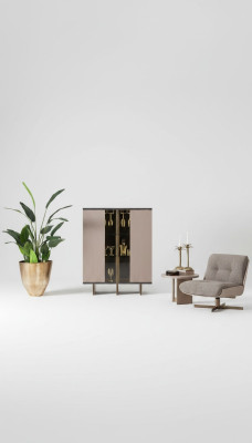 Bar cabinet group, display cabinet, armchair, wood, beige cabinet, living room, 2-piece set