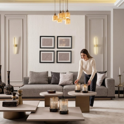 Living room set with four-seater sofa and five-piece coffee table set in gray