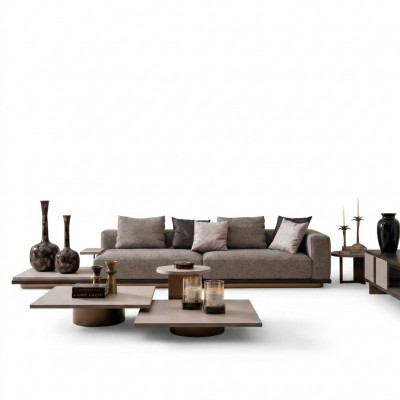 Living room set with four-seater sofa and five-piece coffee table set in gray