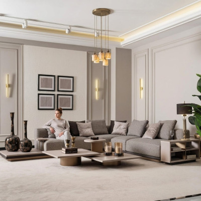 Living room set: corner sofa, coffee tables, 5-piece, gray.