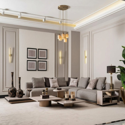 Living room set: corner sofa, coffee tables, 5-piece, gray.