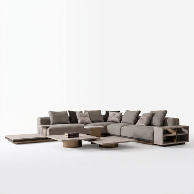 Living room set: corner sofa, coffee tables, 5-piece, gray.