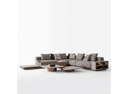 Living room set: corner sofa, coffee tables, 5-piece, gray.