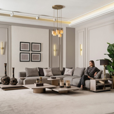 L-shaped sectional sofa, upholstered sofa, fabric sofa, gray modern sofa.
