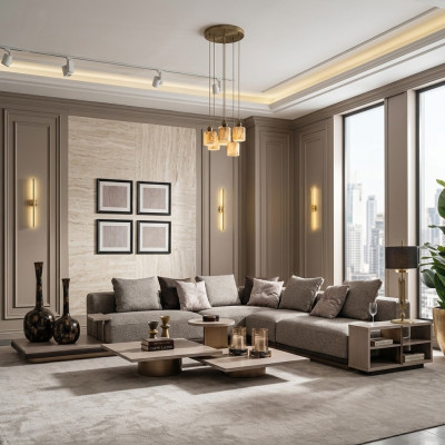 L-shaped sectional sofa, upholstered sofa, fabric sofa, gray modern sofa.